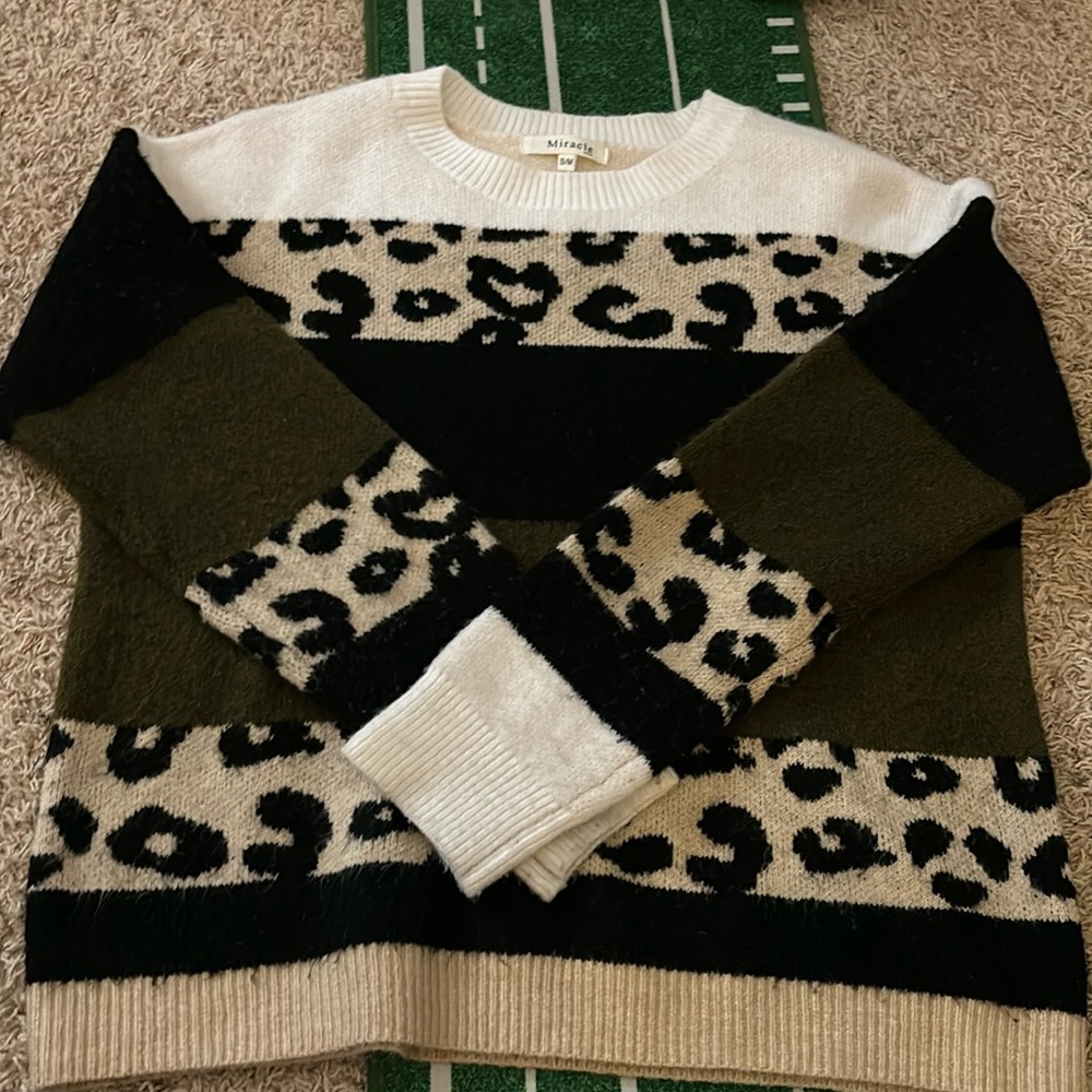 white, black, green, and cheetah print scoop neck sweater, S/M runs big